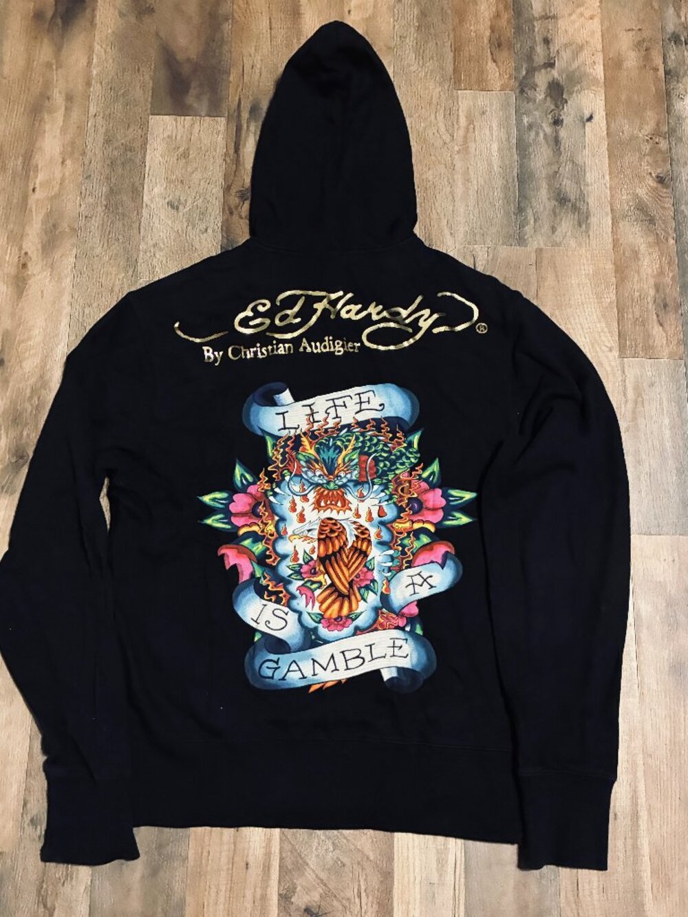 Vintage Ed Hardy Christian Audigier Hoodie Life Is A Gamble Dragon Black Large